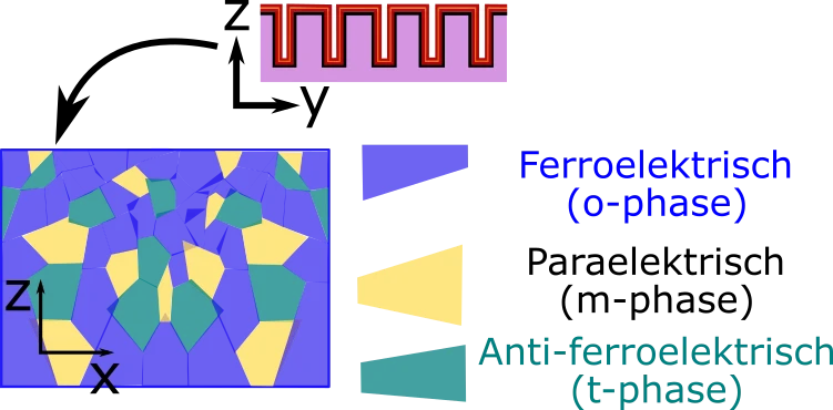 Schematische Darstellung von Ferroelektrisch (o-phase), Paraelektrisch (m-phase) und Anti-ferroelektrisch (t-phase) in einem Koordinateinsystem.