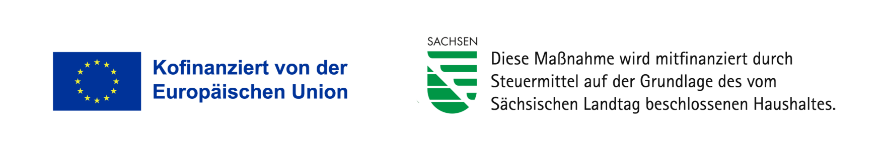 Förderhinweise: Europaflagge mit "Kofinanziert von der Europäischen Union" und Landessignet Sachsen mit "Diese Maßnahme wird mitfinanziert durch Steuermittel auf der Grundlage des vom Sächsischen Landtag beschlossenen Haushaltes.