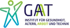 In grün, blau und schwarz gehaltenes Logo mit einer stilisierten Figur und dem Schriftzug GAT, Institut für Gesundheit, Altern, Arbeit und Technik