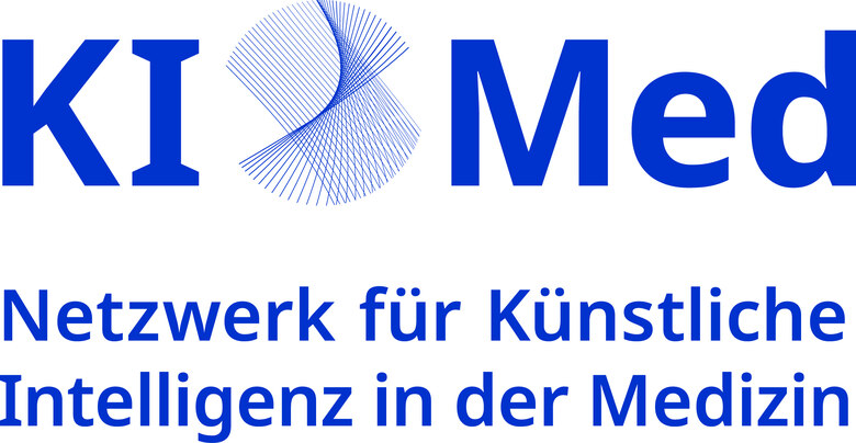 Blue lettering "KIMed - Network for Artificial Intelligence in Medicine" with a circular element created from a rotated line pattern
