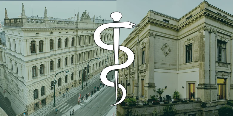 Collage aus Bildern der Gebäude der HAW und der CAS mit einem weißen Äskulapstab im Vordergrund