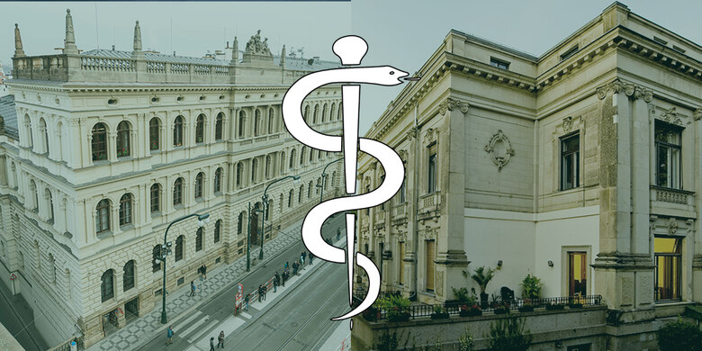 Collage aus Bildern der Gebäude der HAW und der CAS mit einem weißen Äskulapstab im Vordergrund