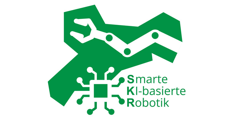Green map of Saxony with schematic robot arm and microchip and the words “Smart, AI-based robotics”