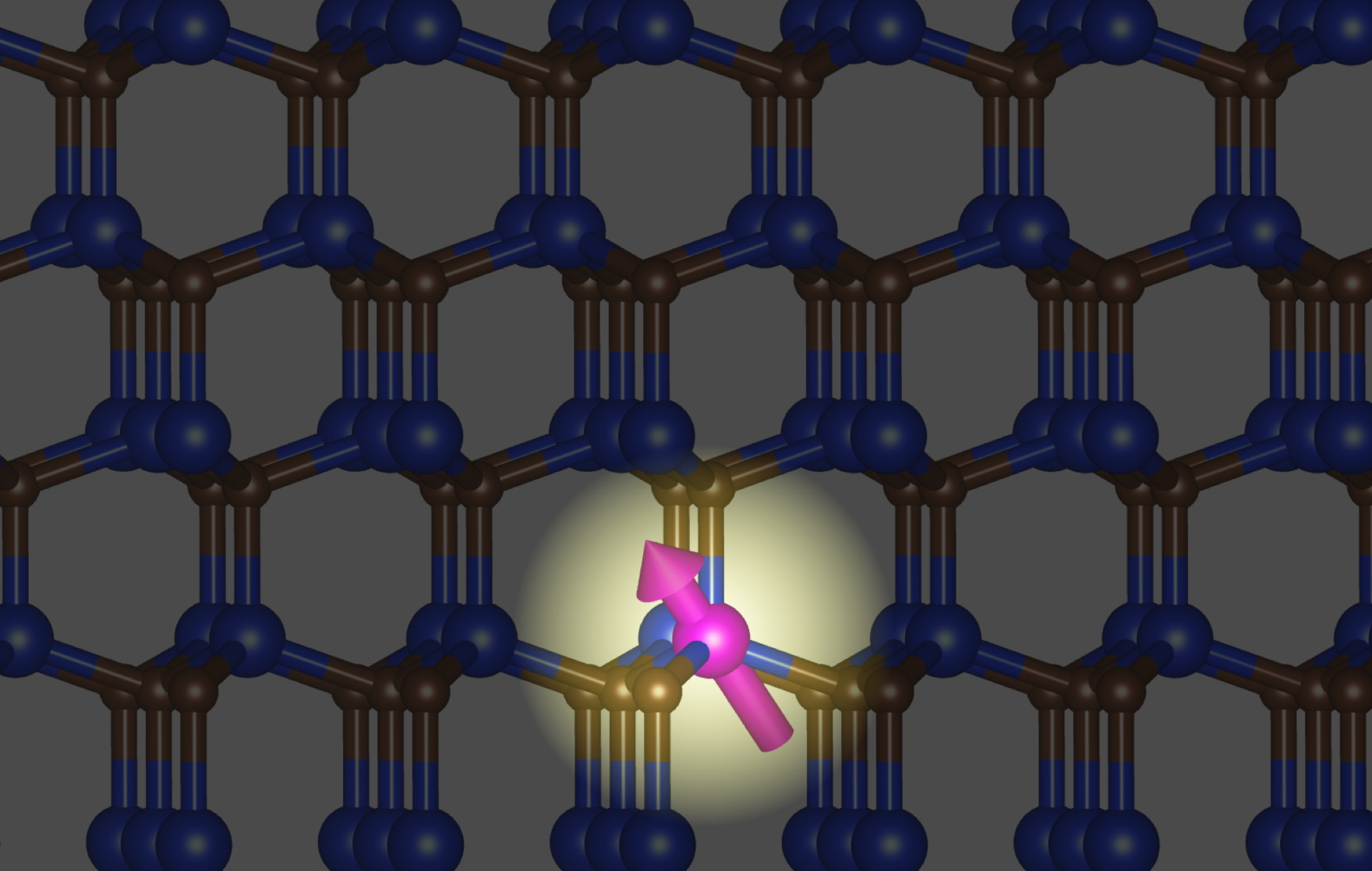 Pinker Pfeil in einem Spotlight, der sich über einer Gitterstruktur aus grauen und blauen Kugeln befindet, die durch Stäbe miteinander verbunden sind.