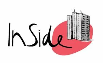 Rotes, unregelmäßiges Rund mit der Zeichnung eines Hochhauses und der Schrift "InSide"